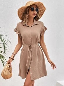 SHEIN Frenchy Vestido camisero con botón ribete con fruncido con cinturón - Caqui - Ver 5