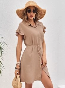 SHEIN Frenchy Vestido camisero con botón ribete con fruncido con cinturón - Caqui - Ver 6