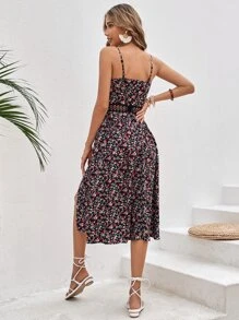 SHEIN Frenchy 碎花水溶蕾絲拼接高衩吊帶洋裝 - 彩色 - 查看 4