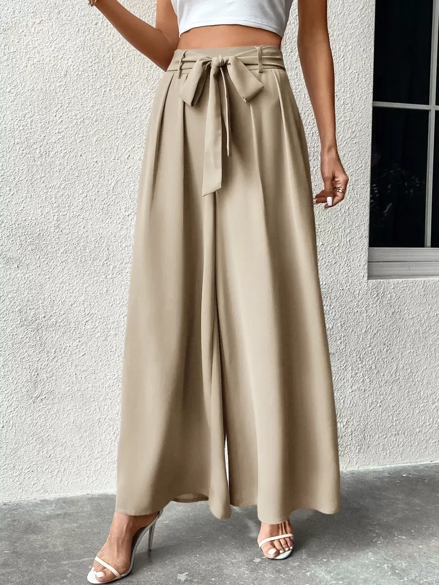 SHEIN LUNE High Waist Knot Front Wide Leg Trousers - Apricot - View 1