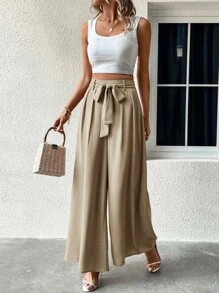 SHEIN LUNE High Waist Knot Front Wide Leg Trousers - Apricot - View 3