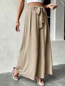 SHEIN LUNE High Waist Knot Front Wide Leg Trousers - Apricot - View 4