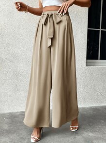 SHEIN LUNE High Waist Knot Front Wide Leg Trousers - Apricot - View 5