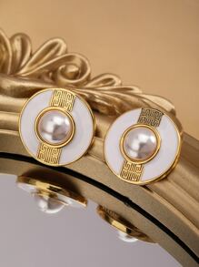 Faux Pearl Decor Round Stud Earrings - Yellow Gold - View 1