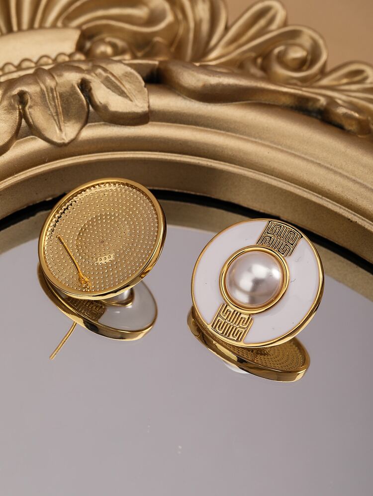 人造珍珠裝飾圓形耳釘 - 金黃色 - 查看 2