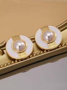 Faux Pearl Decor Round Stud Earrings - Yellow Gold - View 3