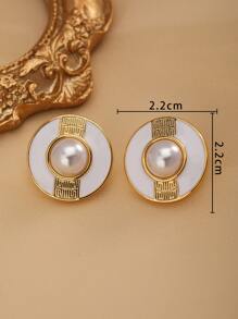 Faux Pearl Decor Round Stud Earrings - Yellow Gold - View 4