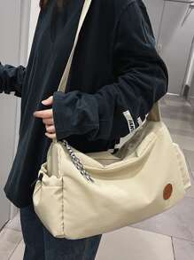 Letter Patch Decor Hobo Bag - Beige - View 2