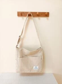 Women's Corduroy Shoulder Bag, Leisure College Style, Adjustable Strap, Large Capacity, Designer Handbag, Travel Crossbody Bag - White - View 2