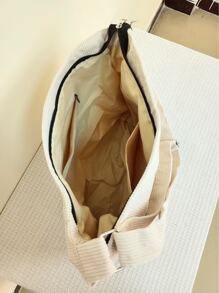 Women's Corduroy Shoulder Bag, Leisure College Style, Adjustable Strap, Large Capacity, Designer Handbag, Travel Crossbody Bag - White - View 6