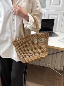 鏤空草編包 - 卡其色 - 查看 1