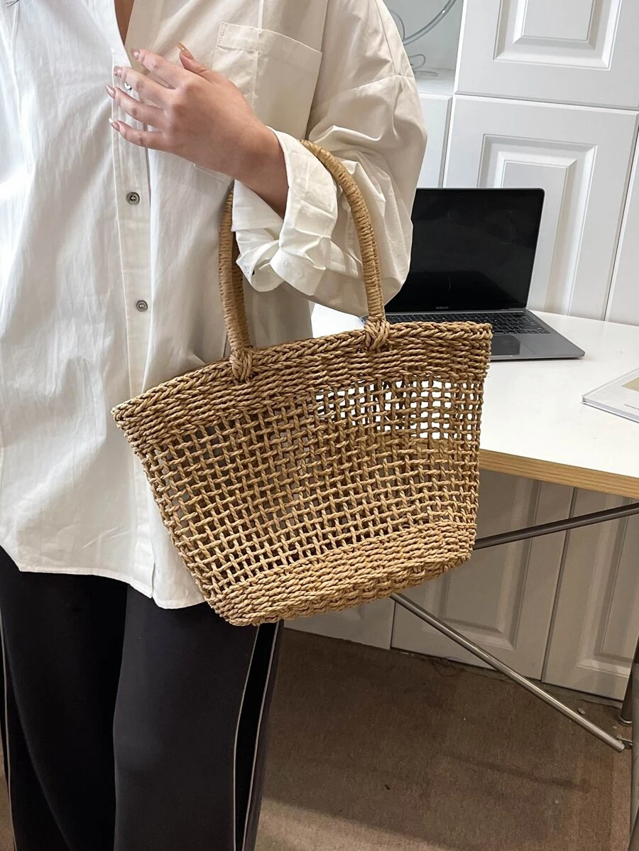 鏤空草編包 - 卡其色 - 查看 1