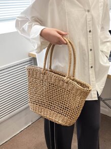 鏤空草編包 - 卡其色 - 查看 2