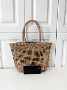 鏤空草編包 - 卡其色 - 查看 3