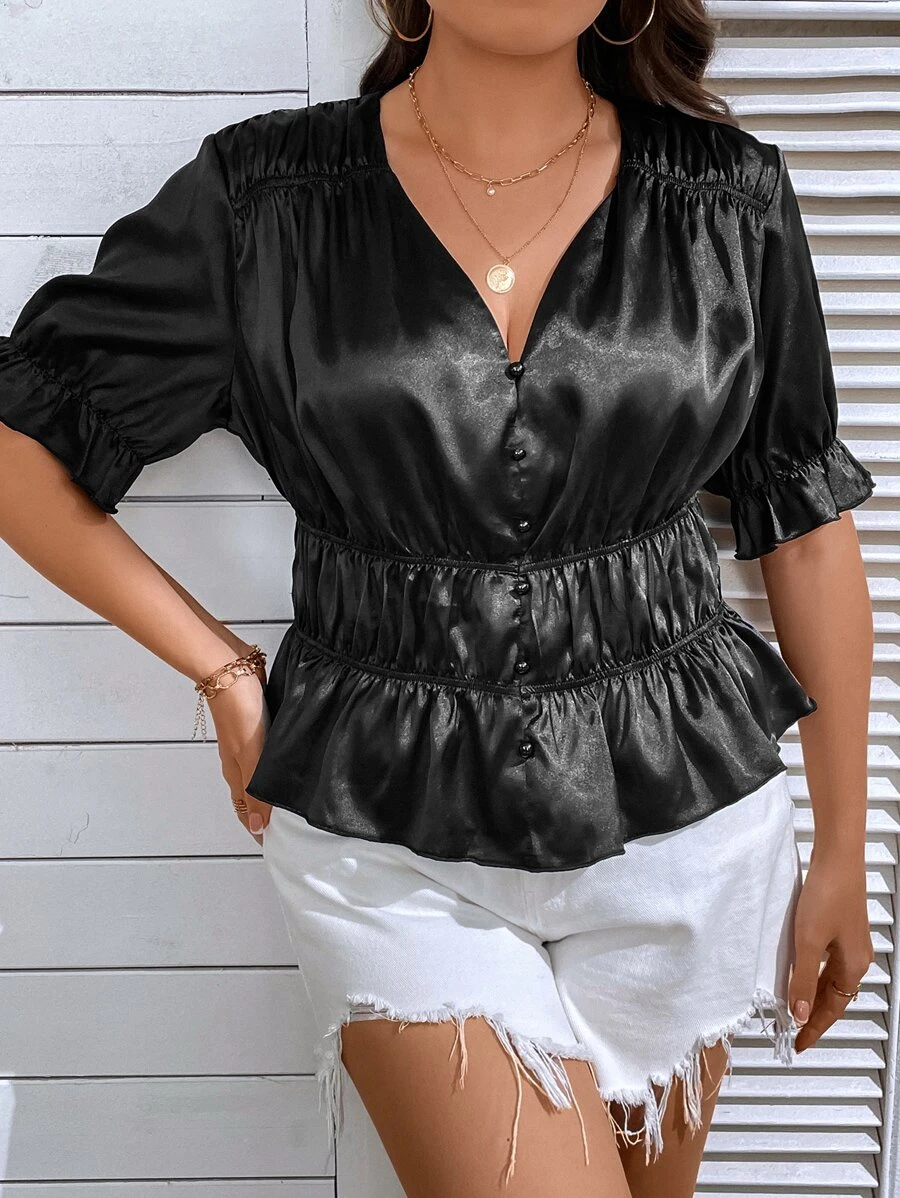 SHEIN LUNE Plus Flounce Sleeve Peplum Blouse - Black - View 1