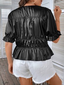 SHEIN LUNE Plus Flounce Sleeve Peplum Blouse - Black - View 2