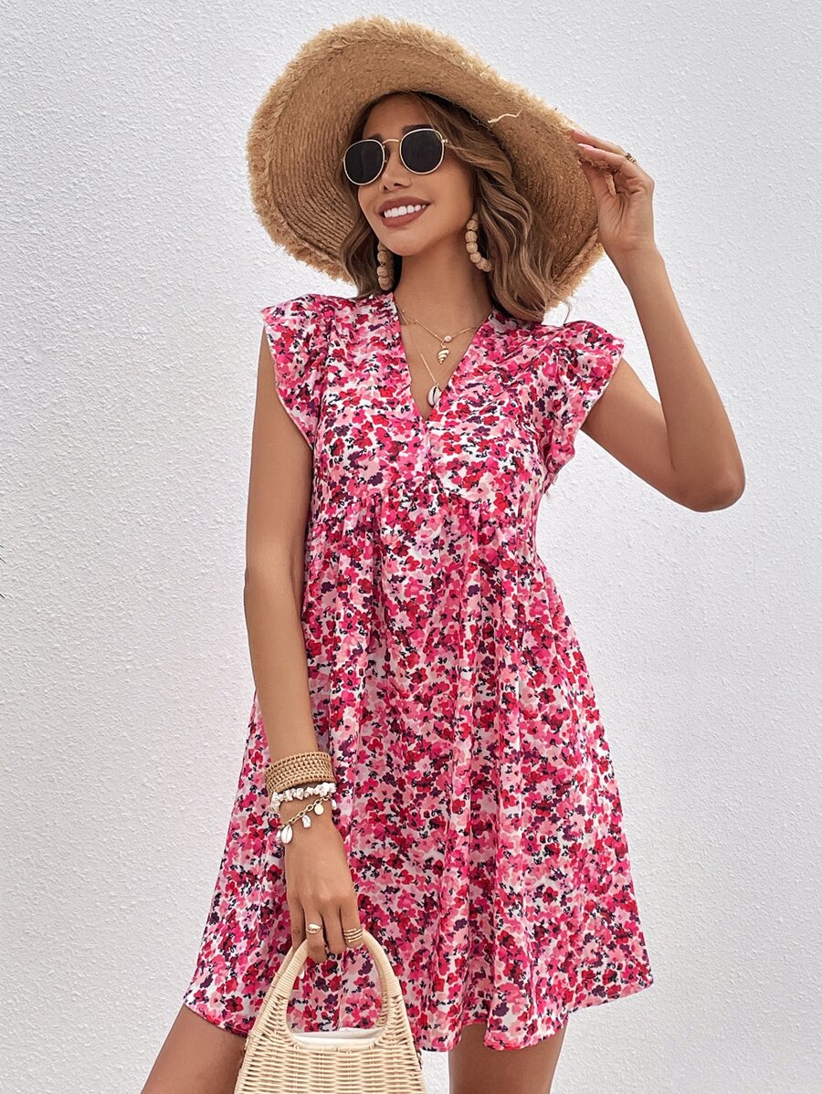 SHEIN Frenchy Allover Floral Print Ruffle Trim Smock Dress - Multicolor - View 1