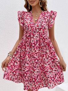 SHEIN Frenchy Allover Floral Print Ruffle Trim Smock Dress - Multicolor - View 3