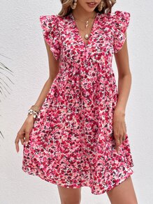 SHEIN Frenchy Allover Floral Print Ruffle Trim Smock Dress - Multicolor - View 4