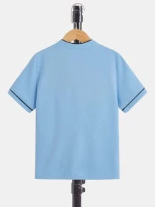 SHEIN Leap Crew Tween 男童休闲鸟印花撞色边饰短袖 Polo 衫，夏季 - 淺藍色 - 查看 5