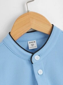 SHEIN Leap Crew Tween 男童休闲鸟印花撞色边饰短袖 Polo 衫，夏季 - 淺藍色 - 查看 3