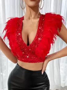 SHEIN BAE 毛茸邊後拉鍊短款上衣不帶袖子 - 紅色 - 查看 1