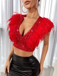 SHEIN BAE 毛茸邊後拉鍊短款上衣不帶袖子 - 紅色 - 查看 3