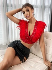 SHEIN BAE 毛茸邊後拉鍊短款上衣不帶袖子 - 紅色 - 查看 5