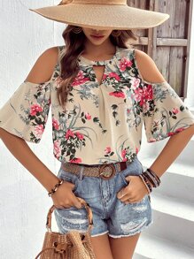 SHEIN VCAY Floral Print Cold Shoulder Blouse - Beige - View 1