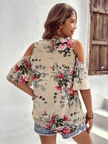 SHEIN VCAY Floral Print Cold Shoulder Blouse - Beige - View 2