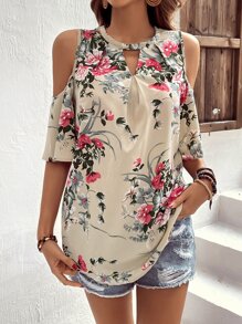 SHEIN VCAY Floral Print Cold Shoulder Blouse - Beige - View 4