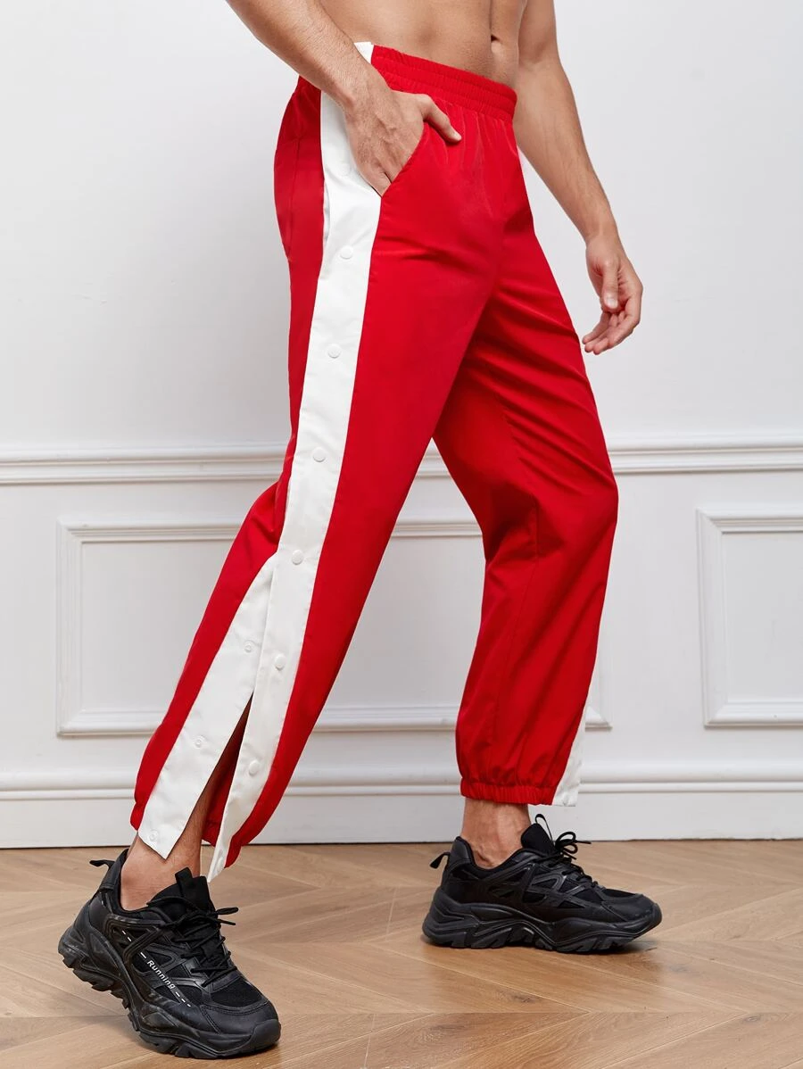 Manfinity Men Contrast Side Seam Slit Hem Trousers - Red and White - View 1