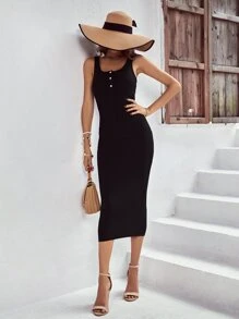 SHEIN Clasi Đầm Gân đan Nút phía trước màu trơn Giải trí - màu đen - Xem 4