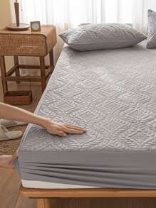 1pc Grey Fitted Sheet, Minimalist Fabric Quilted Fitted Bottom Sheet For Home - Light Grey - View 1