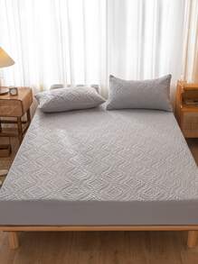 1pc Grey Fitted Sheet, Minimalist Fabric Quilted Fitted Bottom Sheet For Home - Light Grey - View 2