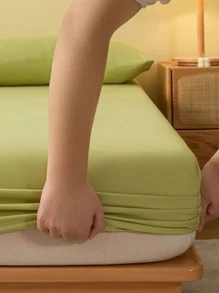 1pc Green Fitted Sheet, Minimalist Fabric Fitted Bottom Sheet For Home - Green - View 3