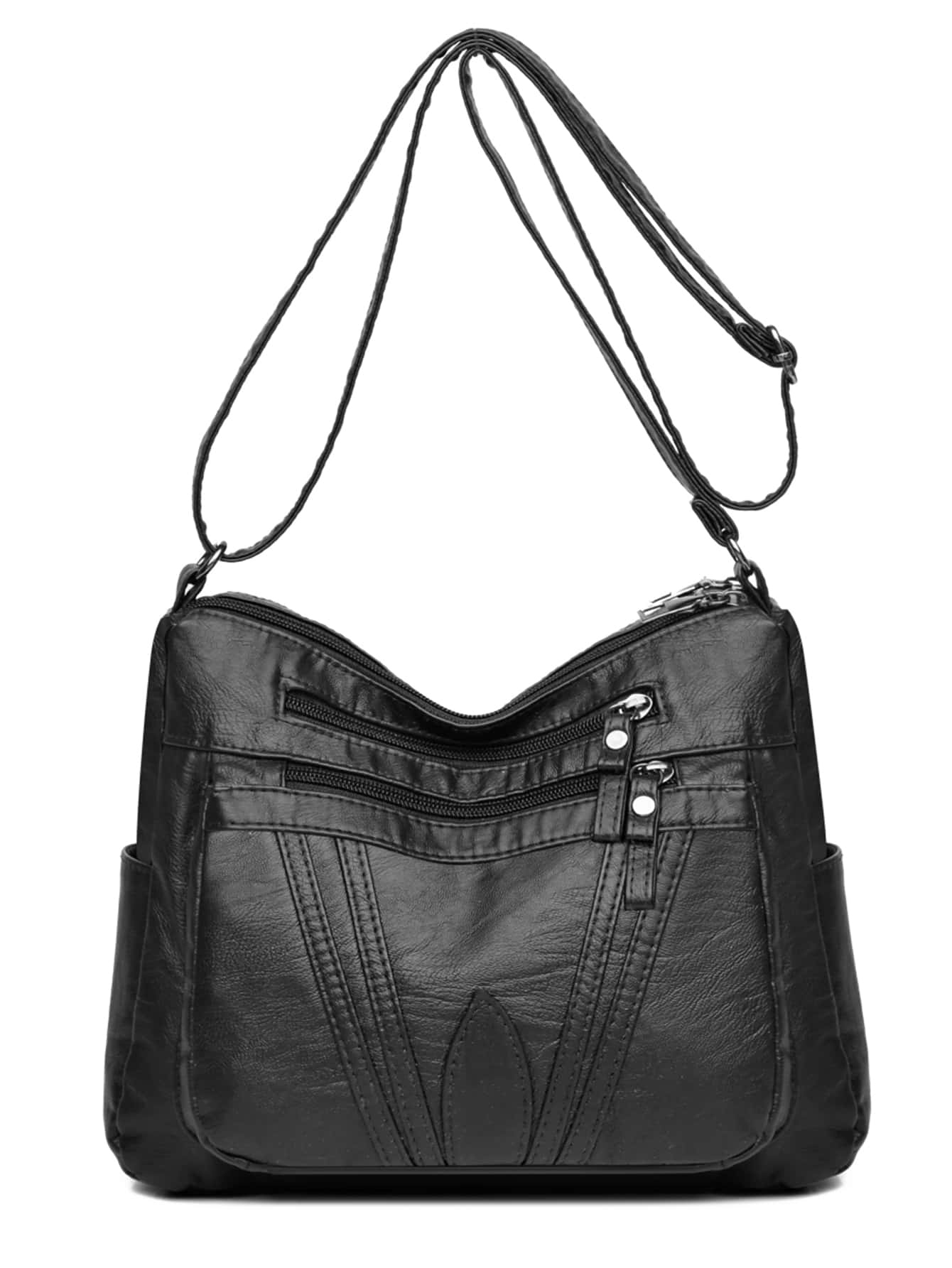 編織細節斜挎包，大容量單肩包，女士時尚多拉鍊錢包 - 黑色 - 查看 1