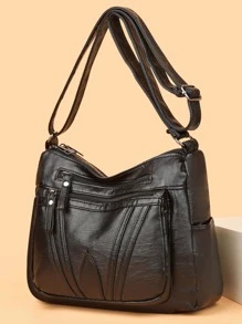 編織細節斜挎包，大容量單肩包，女士時尚多拉鍊錢包 - 黑色 - 查看 2