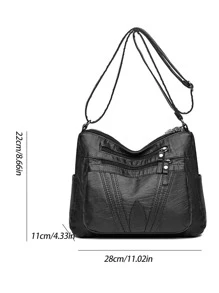 編織細節斜挎包，大容量單肩包，女士時尚多拉鍊錢包 - 黑色 - 查看 3