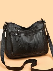 編織細節斜挎包，大容量單肩包，女士時尚多拉鍊錢包 - 黑色 - 查看 5