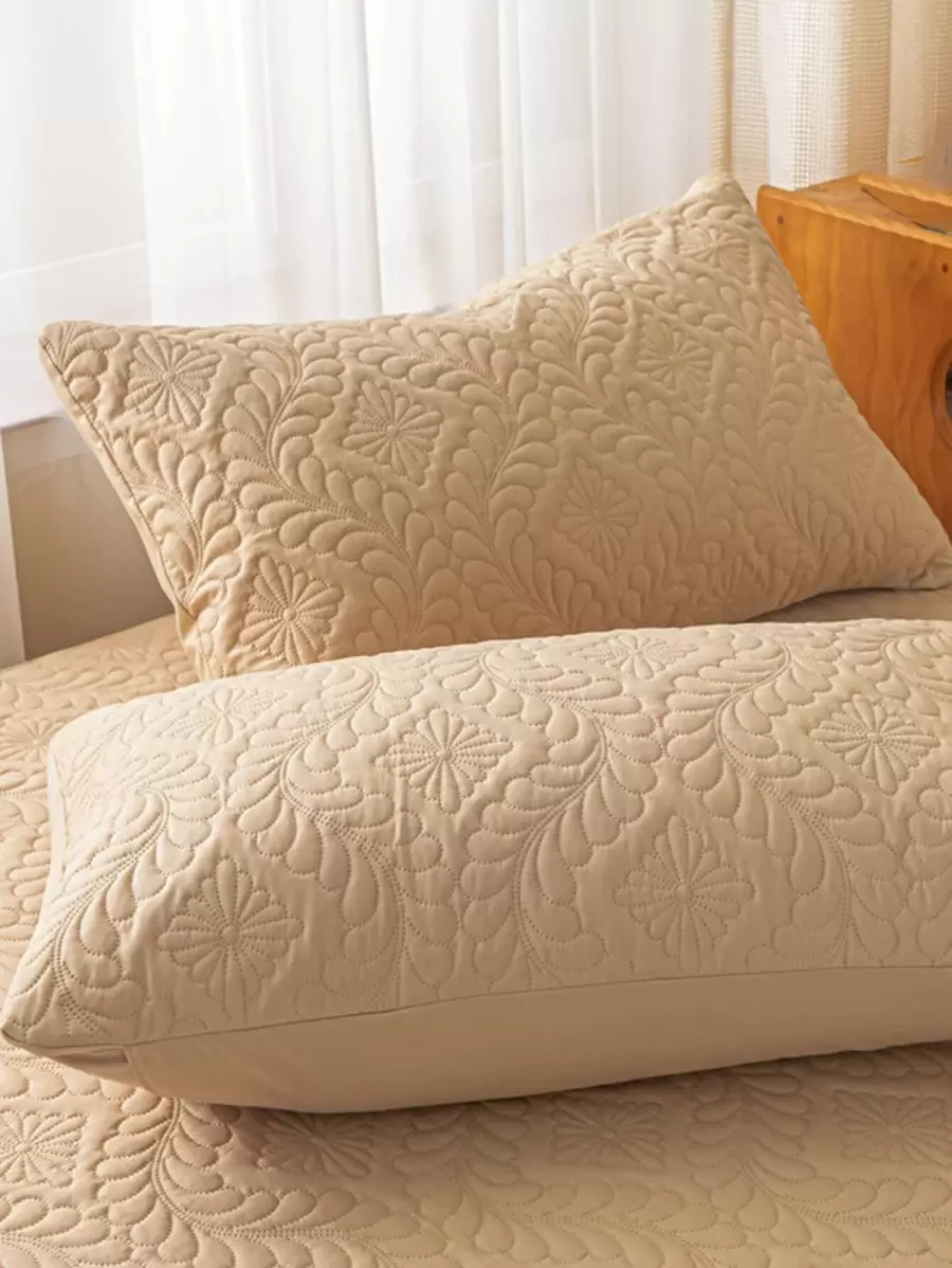 1pair Beige Pillow Case, Polyester Quilted Bed Pillow Case For Home - Khaki - View 1