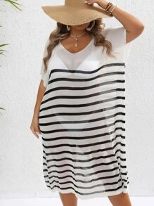 SHEIN VCAY Plus Striped Batwing Sleeve Cover Up Dress Without Bikini Set For Summer Beach Vacation - Black and White - View 1