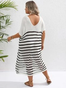 SHEIN VCAY Plus Striped Batwing Sleeve Cover Up Dress Without Bikini Set For Summer Beach Vacation - Black and White - View 2