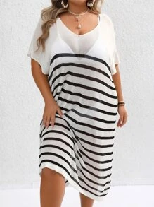 SHEIN VCAY Plus Striped Batwing Sleeve Cover Up Dress Without Bikini Set For Summer Beach Vacation - Black and White - View 3
