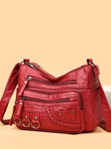 鉚釘裝飾流浪包前口袋斜挎包 - 酒紅色 - 查看 4