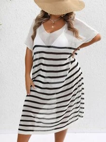 SHEIN VCAY Plus Striped Batwing Sleeve Cover Up Dress Without Bikini Set For Summer Beach Vacation - Black and White - View 4
