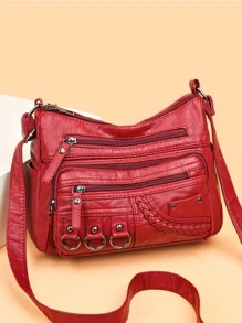 鉚釘裝飾流浪包前口袋斜挎包 - 酒紅色 - 查看 6