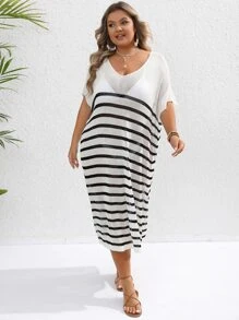 SHEIN VCAY Plus Striped Batwing Sleeve Cover Up Dress Without Bikini Set For Summer Beach Vacation - Black and White - View 5