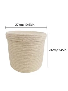 1pc Beige Desktop Storage Basket With Lid, Minimalist Polyester Woven Storage Basket For Home - Beige - View 3