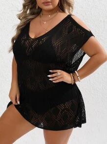 SHEIN VCAY Plus Cold Shoulder Cover Up Dress Without Bikini - Black - View 1